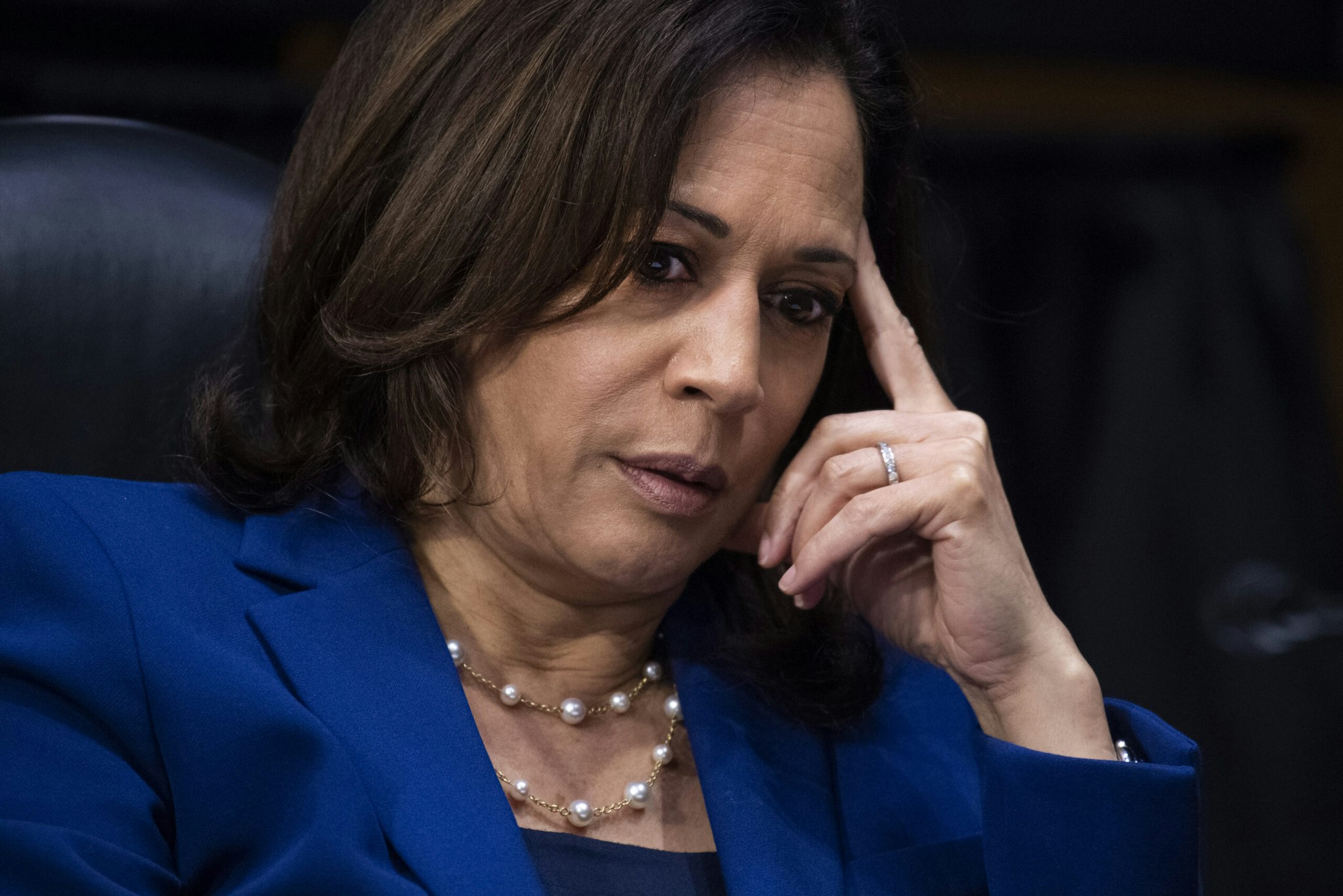 Senator Kamala Harris, a Democrat from California, listens during a Senate Judiciary Committee hearing in Washington, D.C., U.S., on Tuesday, June 16, 2020. Senate Republicans are weighing proposals to improve police practices in response to massive protests over the killing of George Floyd in Minneapolis, including racial bias training, increased use of body cameras and finally enacting the first federal anti-lynching law. Photographer: Tom Williams/CQ Roll Call/Bloomberg via Getty Images