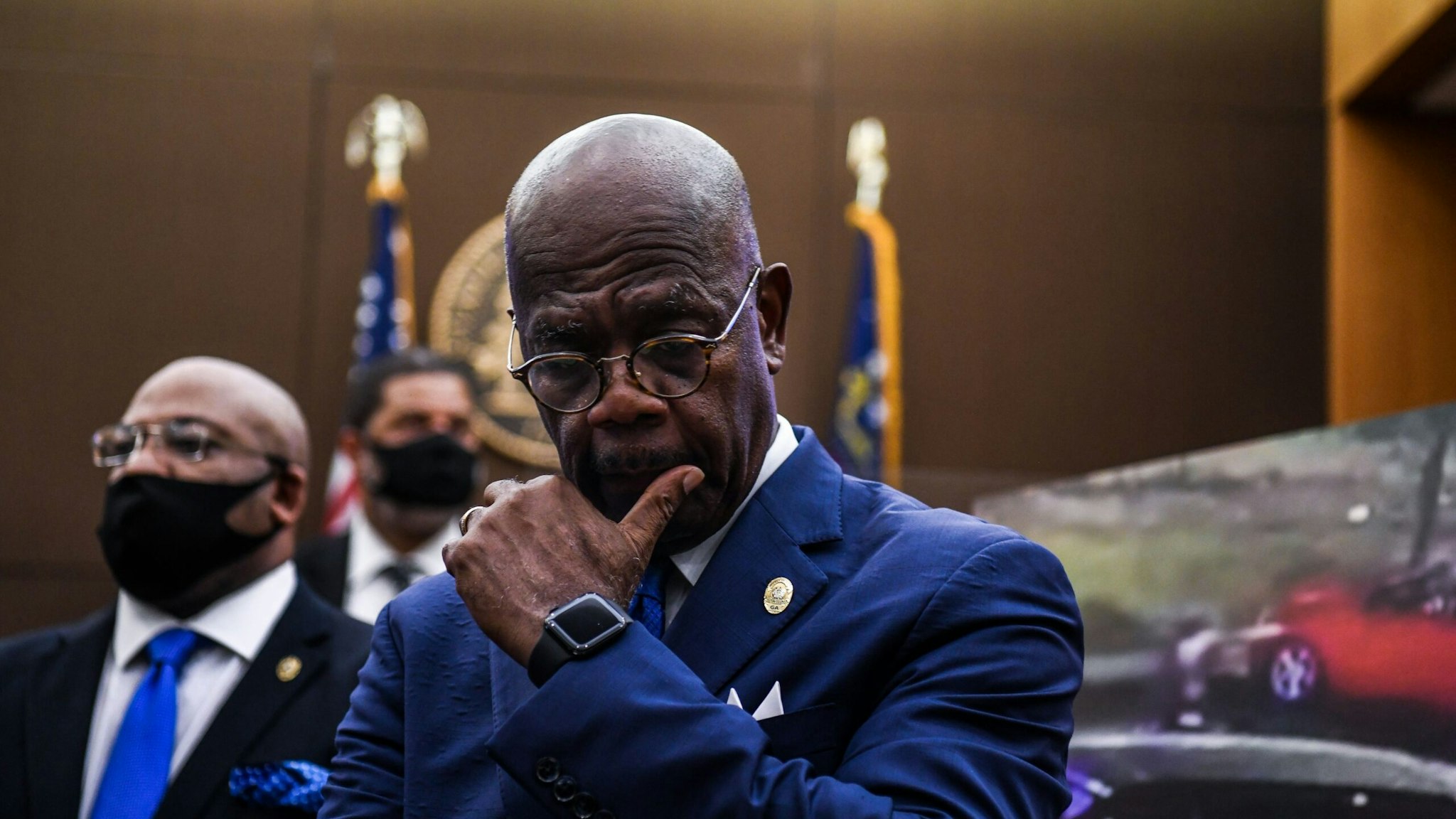 Fulton County District Attorney Paul Howard listens during a pres conference where he announced 11 charges against former Atlanta Police Officer Garrett Rolfe, on June 17, 2020, in Atlanta, Georgia. - Rolfe will be charged with murder for shooting Rayshard Brook, 27, in the back, Howard, announced, in the latest case to spark anger over police killings of African Americans. (Photo by CHANDAN KHANNA / AFP) (Photo by CHANDAN KHANNA/AFP via Getty Images)