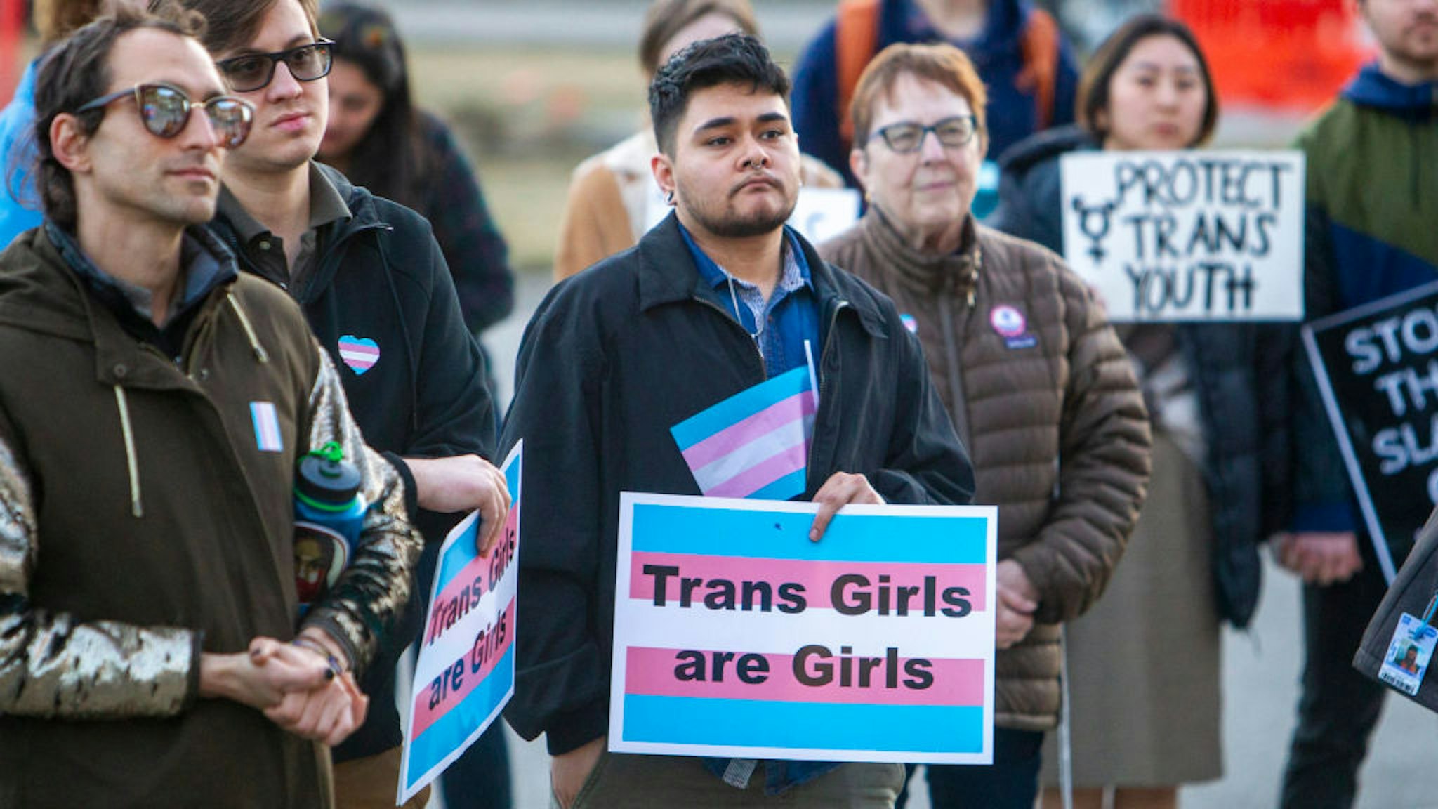 More than 100 people rallied at the Capitol in Boise, Idaho, in support of transgender students and athletes, March 4, 2020.