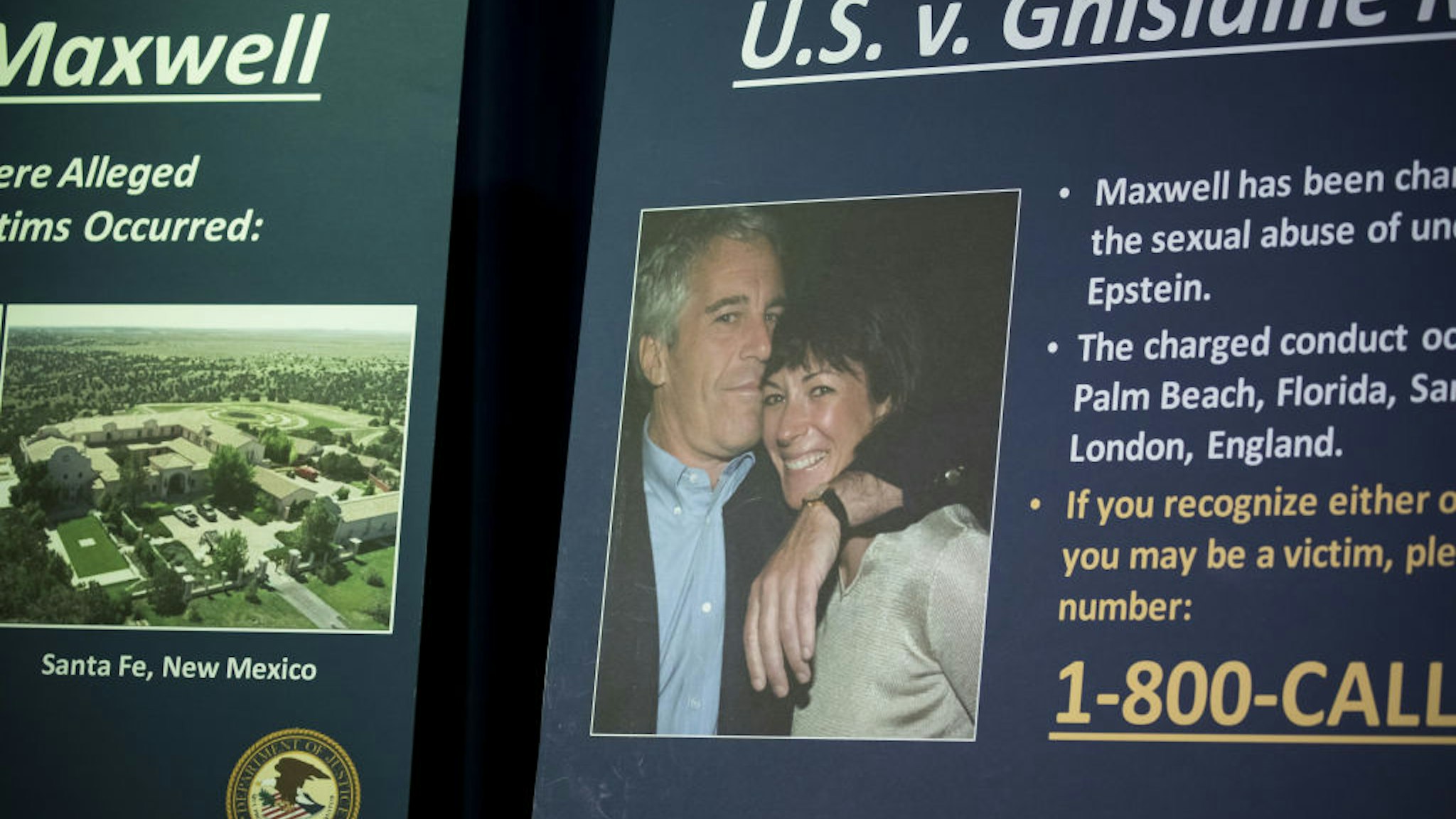 A photograph of Ghislaine Maxwell and Jeffrey Epstein is displayed during a news conference at the U.S. Attorney's Office in New York, U.S., on Thursday, July 2, 2020.