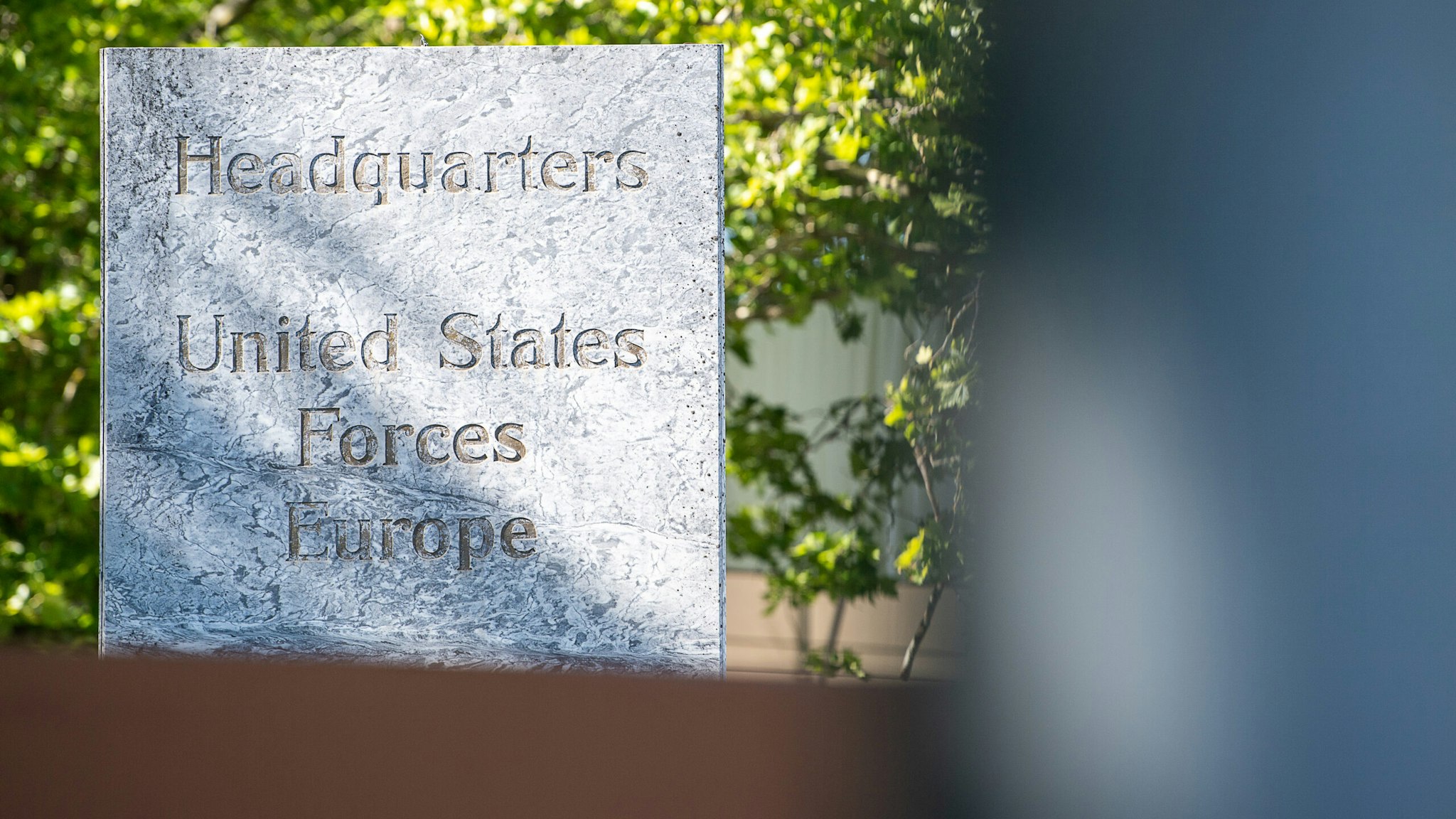 29 July 2020, Baden-Wuerttemberg, Stuttgart: A sign with the inscription "Headquarters United States Forces Europe" is located at the entrance of the US Barracks Patch Barracks. (to dpa "USA moves European command from Stuttgart to Belgium") Photo: Sebastian Gollnow/dpa (Photo by Sebastian Gollnow/picture alliance via Getty Images)