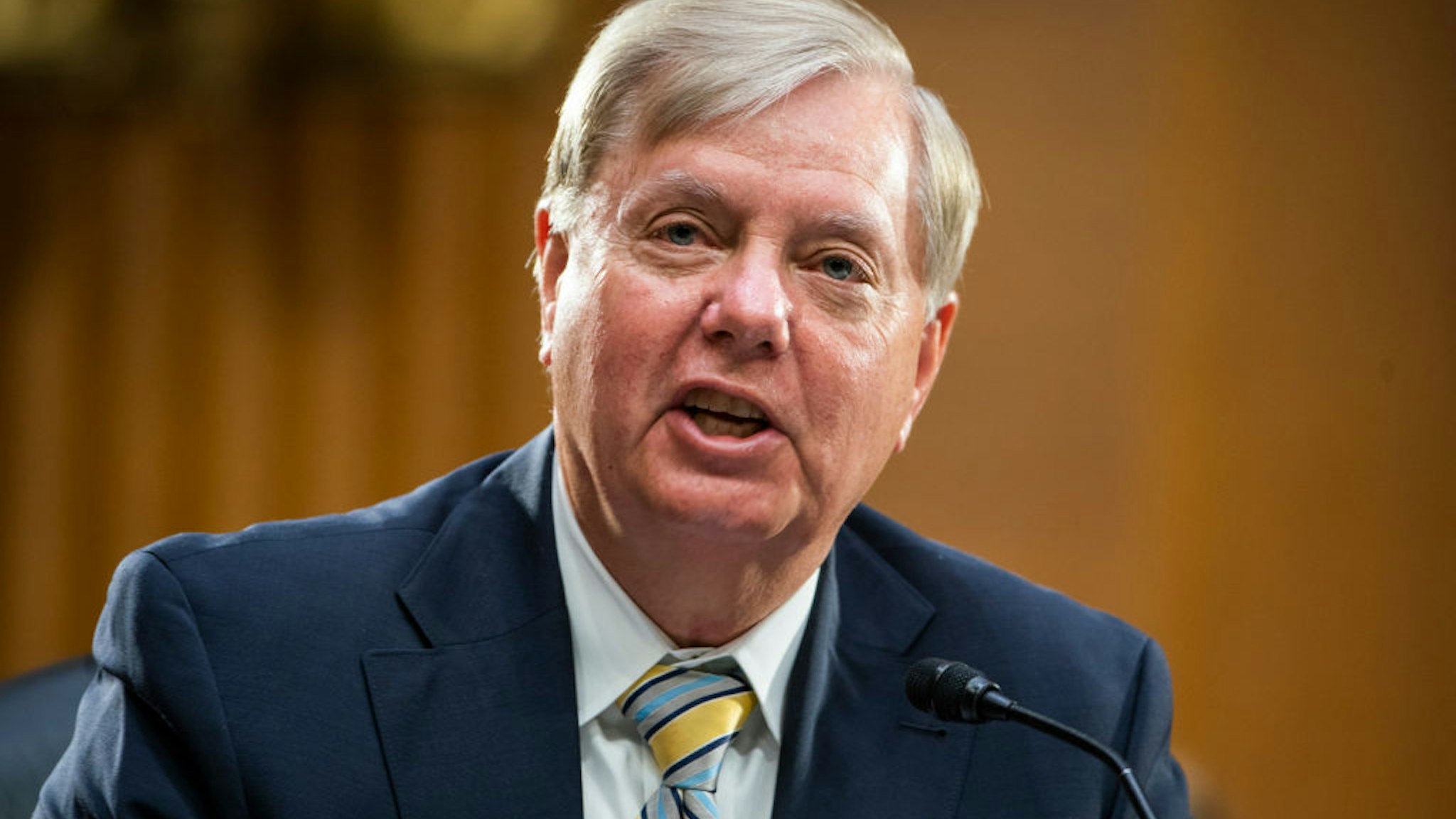 Sen. Lindsey Graham (R-SC) questions U.S. Secretary of State Mike Pompeo during a Senate Foreign Relations committee hearing on the State Department's 2021 budget in the Dirksen Senate Office Building on July 30, 2020 in Washington, DC.