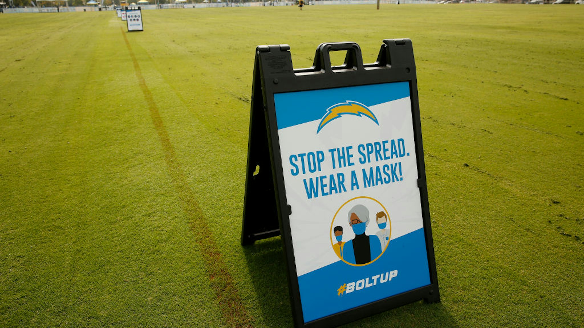 Covid-19 Reminders as the Los Angeles Chargers conduct practice at the Hammett Sports Complex in Costa Mesa on Monday August 17, 2020 in preparation for the 2020 National Football League season.