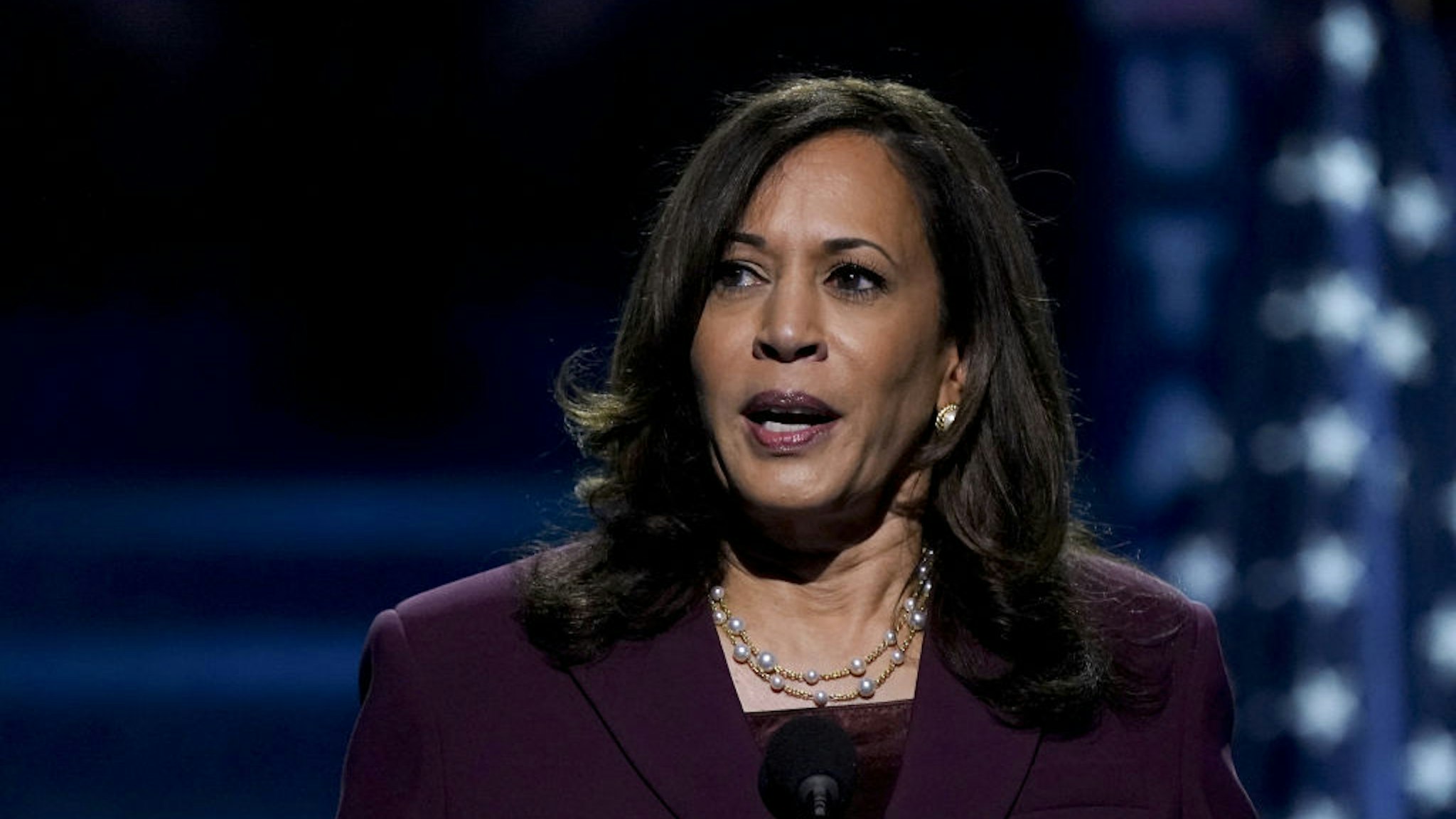 Senator Kamala Harris, Democratic vice presidential nominee, speaks during the Democratic National Convention at the Chase Center in Wilmington, Delaware, U.S., on Wednesday, Aug. 19, 2020.