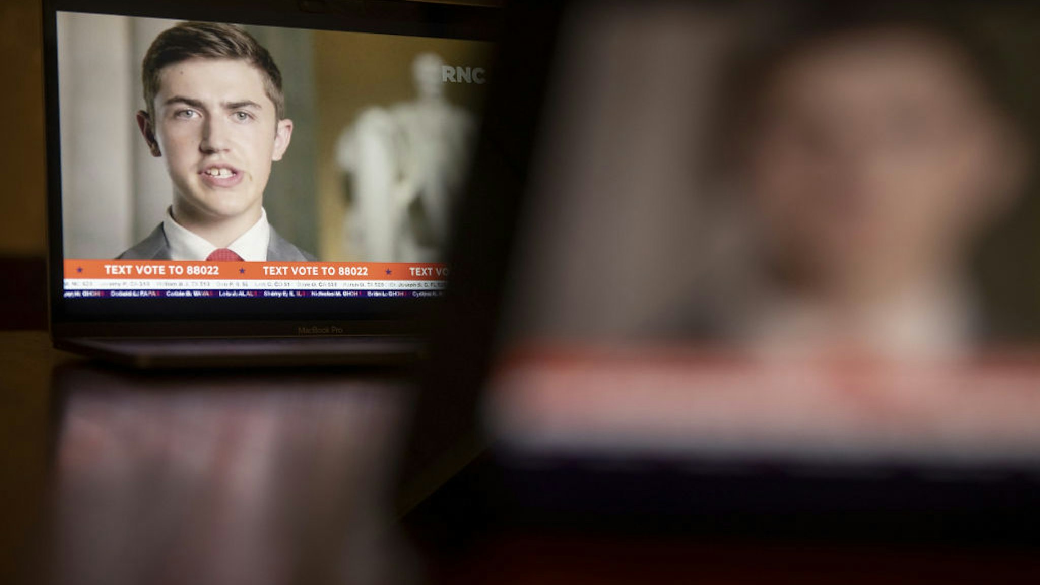 Nicholas Sandmann speaks during the Republican National Convention seen on a laptop computer in Tiskilwa, Illinois, U.S., on Tuesday, Aug. 25, 2020.
