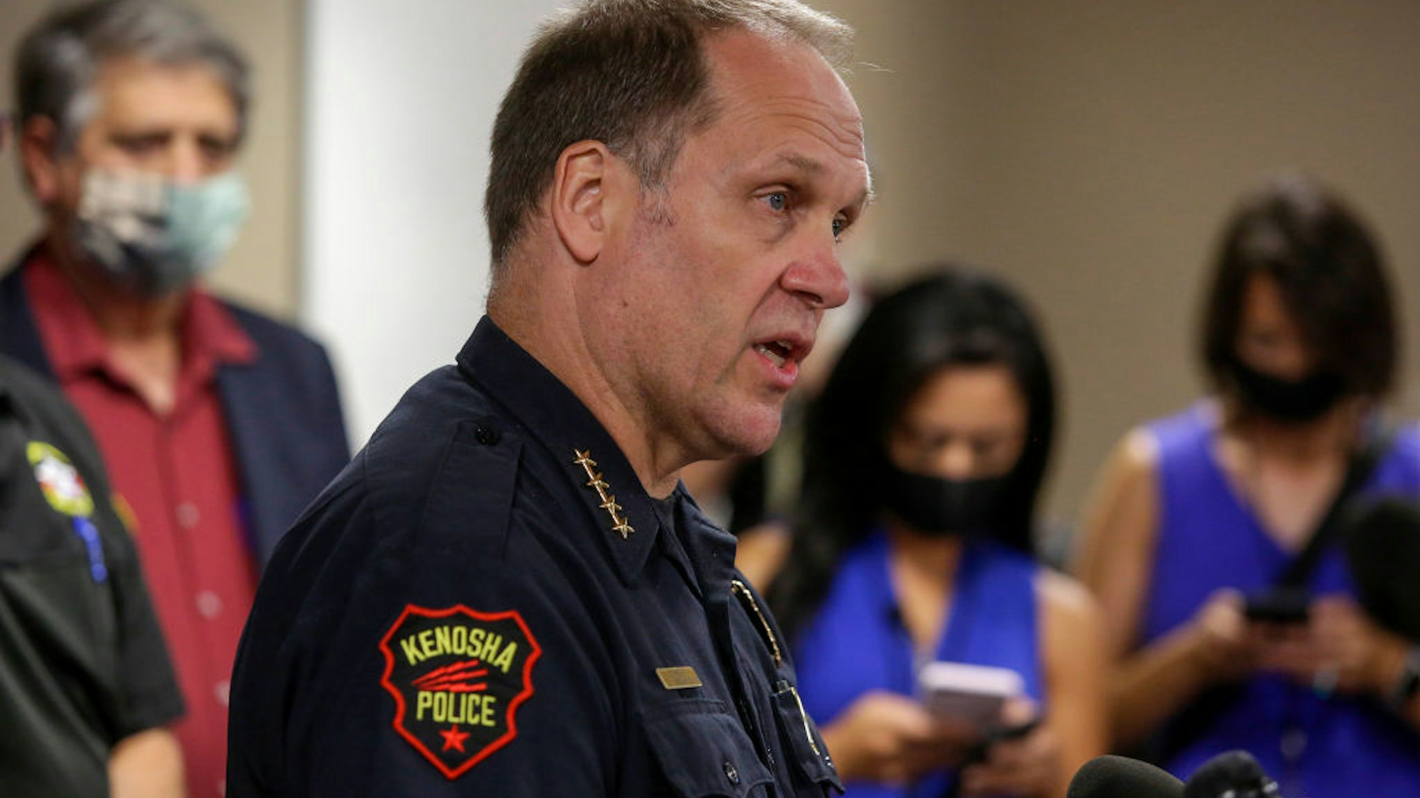 ENOSHA, WI - AUGUST 26: Kenosha Police Chief Daniel Miskinis speaks during a news conference at the Kenosha County Public Safety Building on Wednesday, August 26, 2020 in Kenosha, Wisconsin. Miskinis spoke about the recent looting, the fatal protest shooting and Jacob Blake, who was shot in the back multiple times by police officers who were responding to a domestic dispute call Sunday. Photo by Joshua Lott for The Washington Post via Getty Images