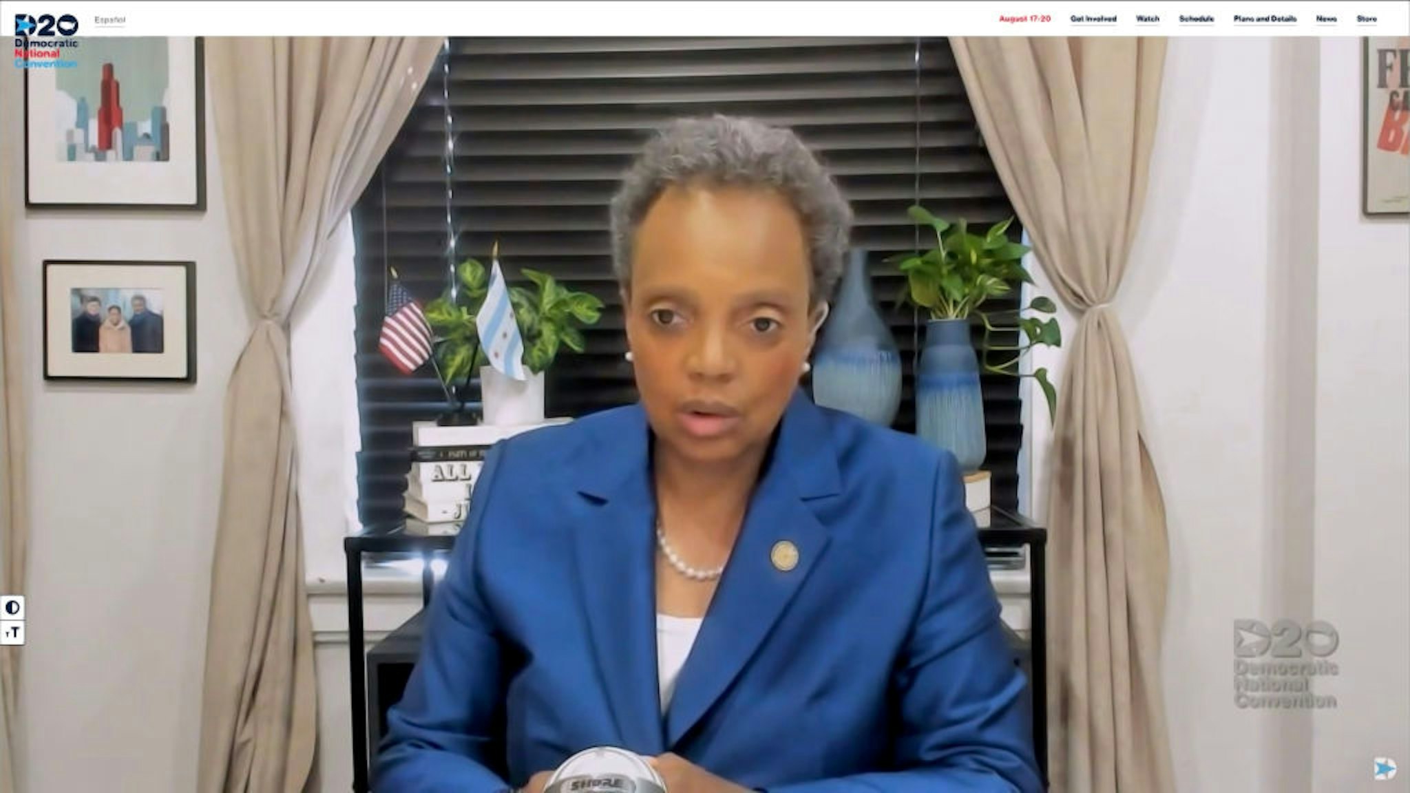 In this screenshot from the DNCC’s livestream of the 2020 Democratic National Convention, Chicago Mayor Lori Lightfoot speaks with Presumptive Democratic presidential nominee former Vice President Joe Biden (not seen) during the virtual convention on August 17, 2020.