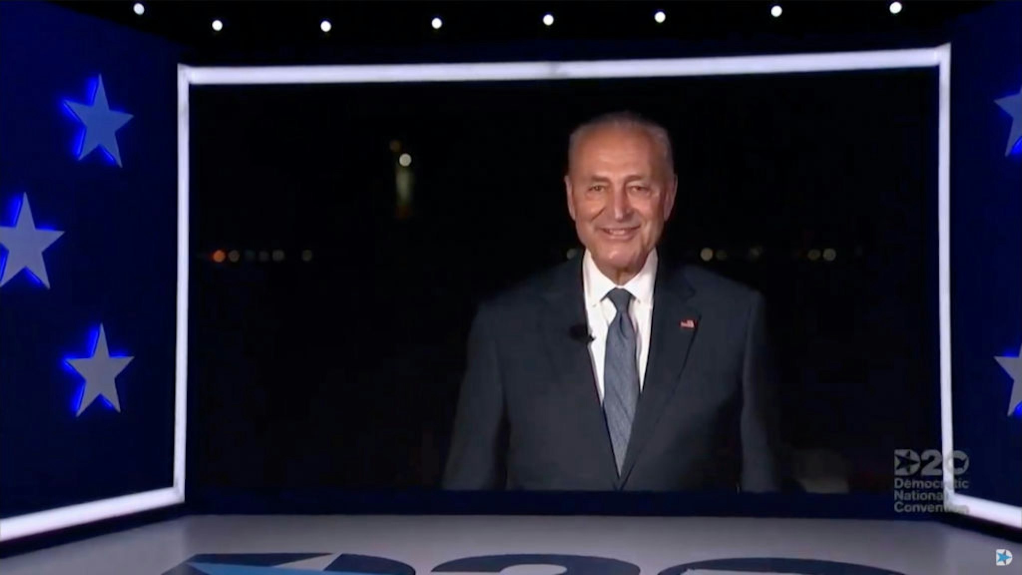 In this screenshot from the DNCC’s livestream of the 2020 Democratic National Convention, Senate Minority Leader Sen. Charles Schumer (D-NY) addresses the virtual convention on August 18, 2020.