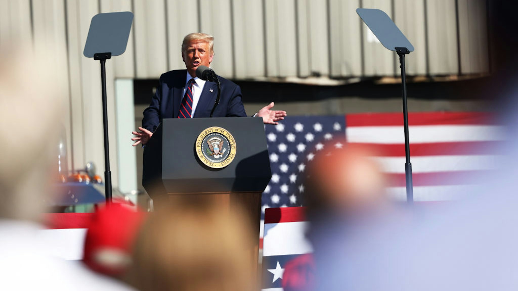 U.S. President Donald J. Trump speaks at his campaign rally on August 20, 2020 in Old Forge, Pennsylvania.