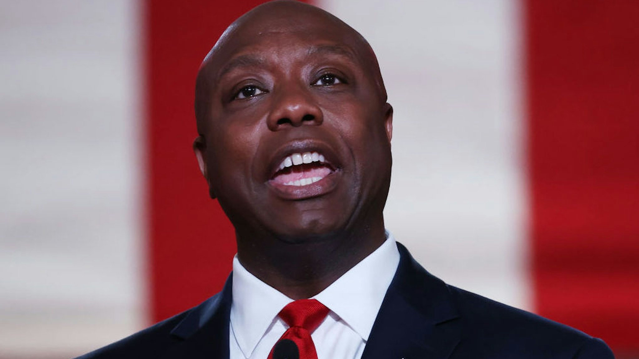 U.S. Sen. Tim Scott (R-SC) stands on stage in an empty Mellon Auditorium while addressing the Republican National Convention at the Mellon Auditorium on August 24, 2020 in Washington, DC.
