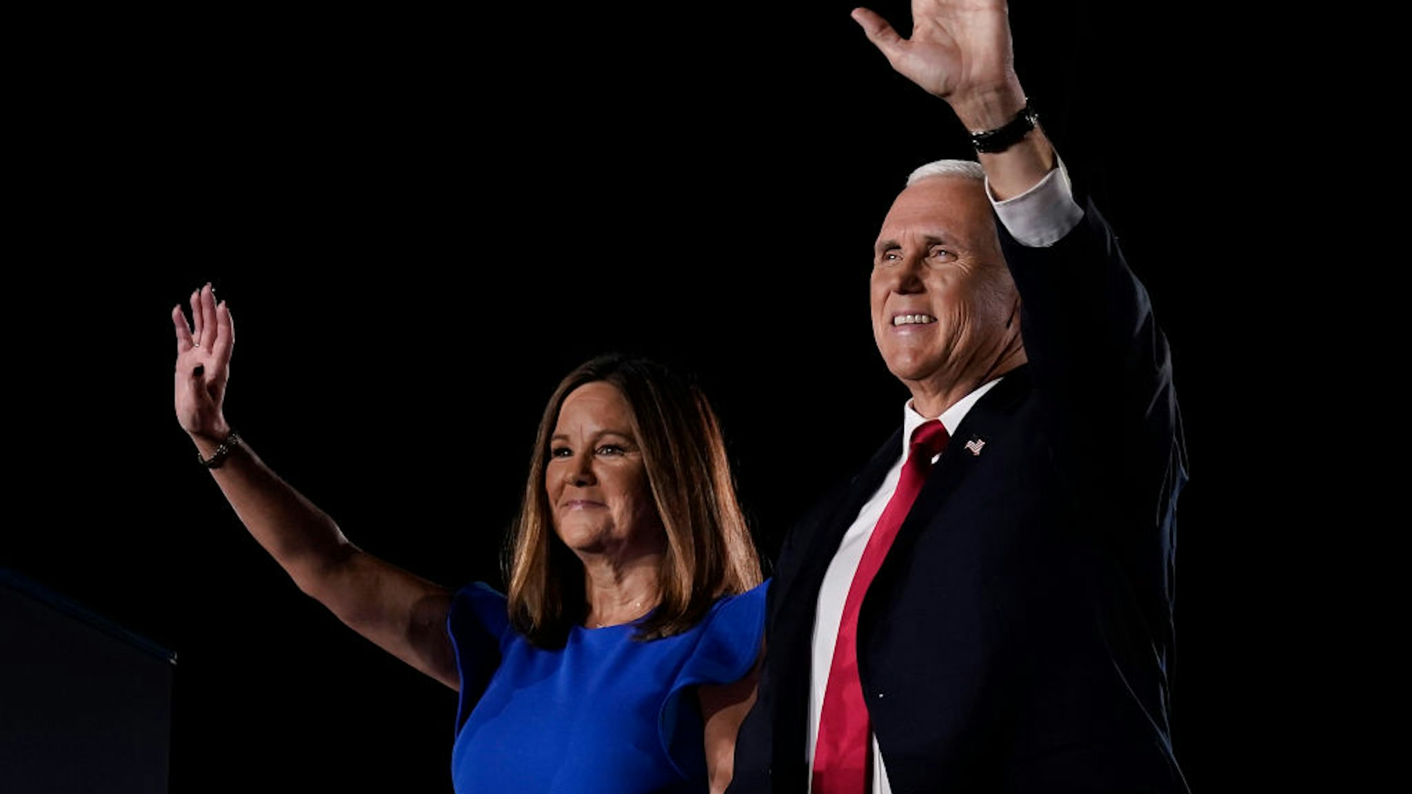 Mike Pence stands with his wife Karen Pence before accepting the vice presidential nomination during the Republican National Convention from Fort McHenry National Monument on August 26, 2020 in Baltimore, Maryland.