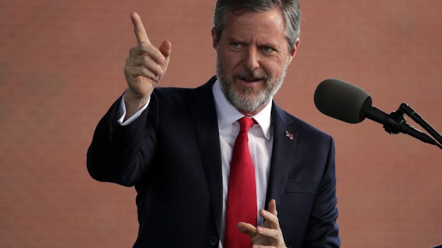 Jerry Falwell, President of Liberty University, speaks during a commencement at Liberty University May 13, 2017 in Lynchburg, Virginia. President Donald Trump is the first sitting president to speak at Liberty's commencement since George H.W. Bush spoke in 1990.