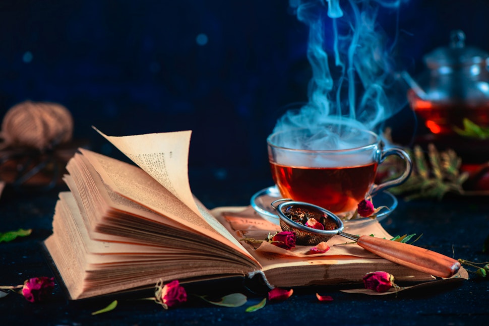 Steaming cup of tea on an open book with curly pages. Herbal drink with rose petals. Dark food photography with copy space. - stock photo