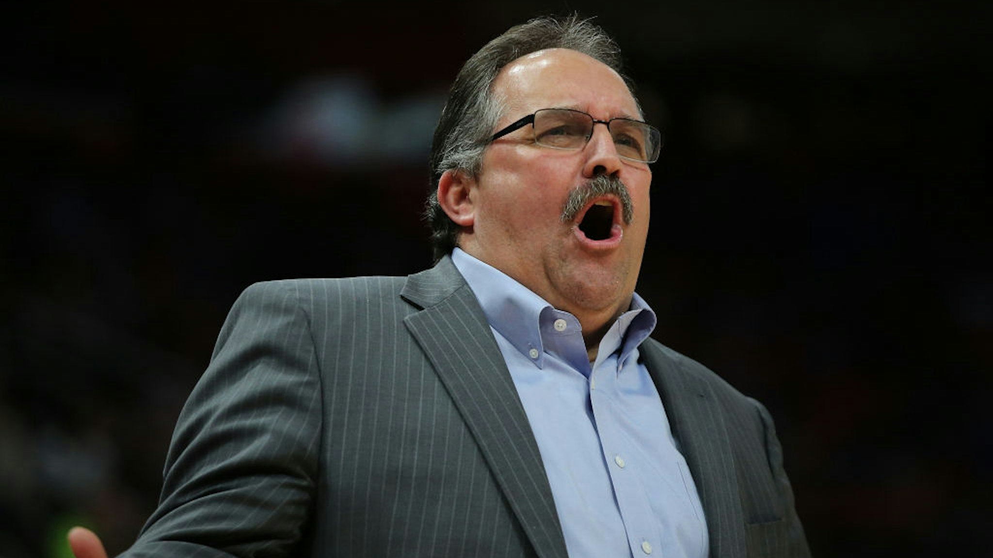 Stan Van Gundy shouts out instructions during the second quarter of the game against the Dallas Mavericks at Little Caesars Arena on April 6, 2018 in Detroit, Michigan.