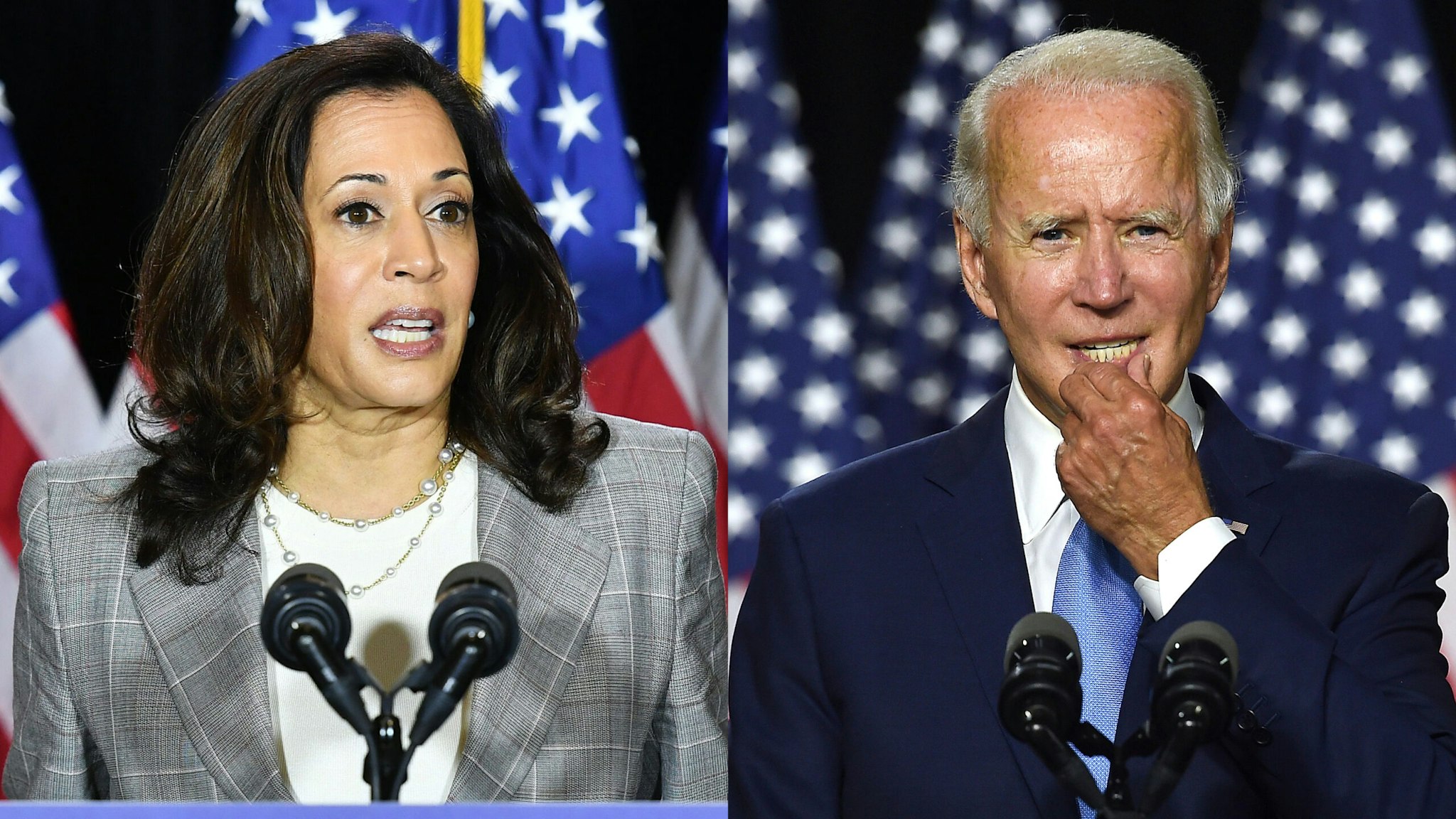 Democratic vice presidential running mate, US Senator Kamala Harris, speaks to the press after receiving a briefing on COVID-19 in Wilmington, Delaware, on August 13, 2020.
