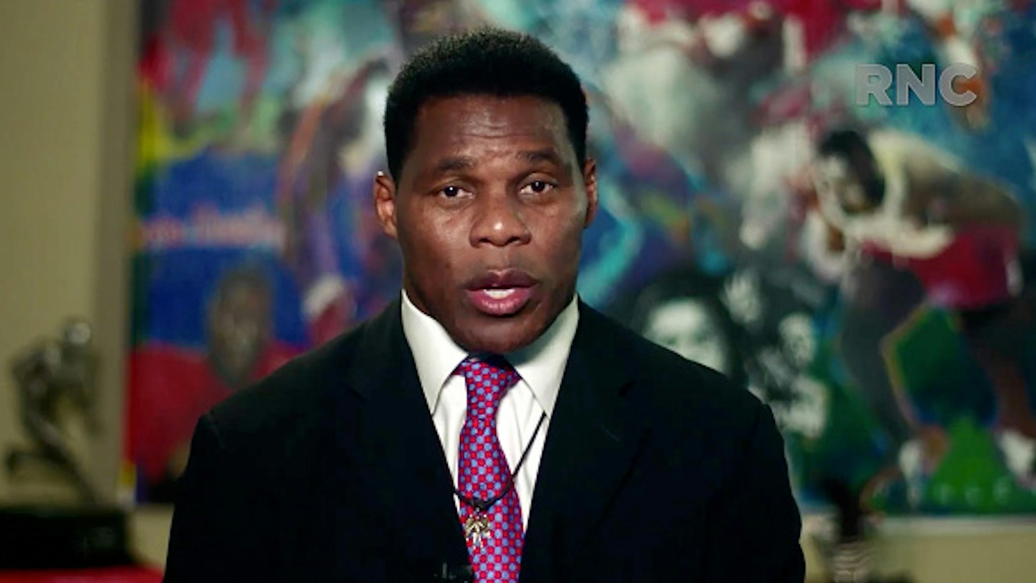 CHARLOTTE, NC - AUGUST 24: (EDITORIAL USE ONLY) In this screenshot from the RNC’s livestream of the 2020 Republican National Convention, former NFL athlete Herschel Walker addresses the virtual convention on August 24, 2020. The convention is being held virtually due to the coronavirus pandemic but will include speeches from various locations including Charlotte, North Carolina and Washington, DC.