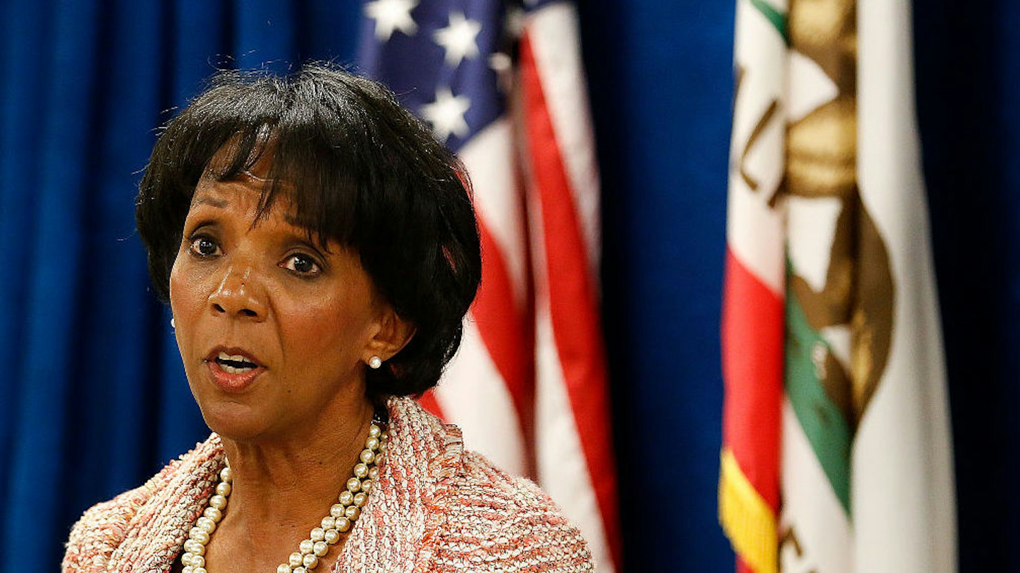 LOS ANGELES, CA-JUNE 29, 2015: Los Angeles County District Attorney Jackie Lacey announces the creation of the Conviction Review Unit, a new unit to review wrongful conviction claims made by defendants, during a press conference at the Hall of Justice in Downtown Los Angeles on June 29, 2015.