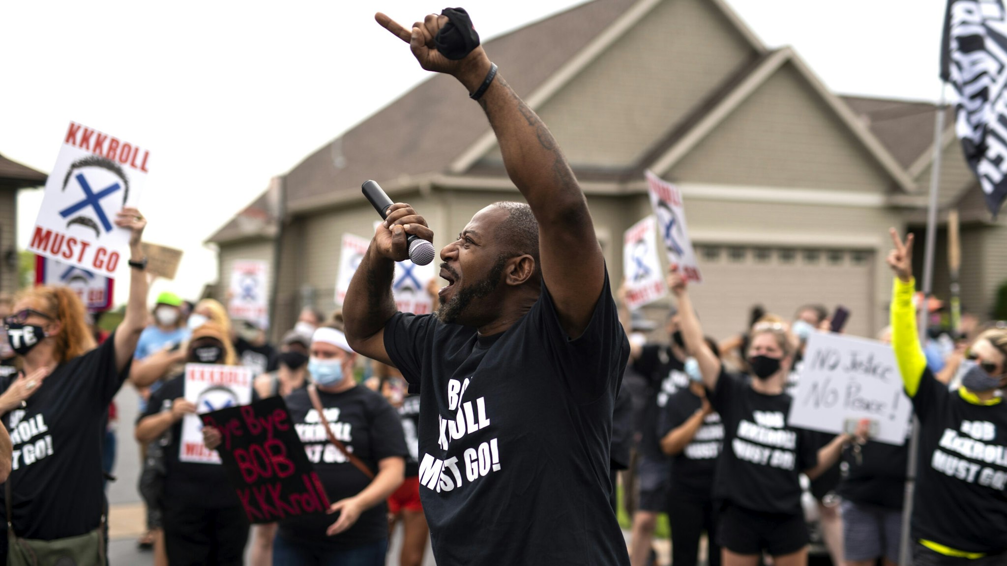 HUGO, MN - AUGUST 15: John Thompson, Minnesota Democratic candidate for district 67A, speaks during a protest near Minneapolis Police Union Chief Bob Kroll's house on August 15, 2020 in Hugo, Minnesota. Residents in Minneapolis have been calling for Kroll's resignation since George Floyd was killed by Minneapolis Police on May 25.