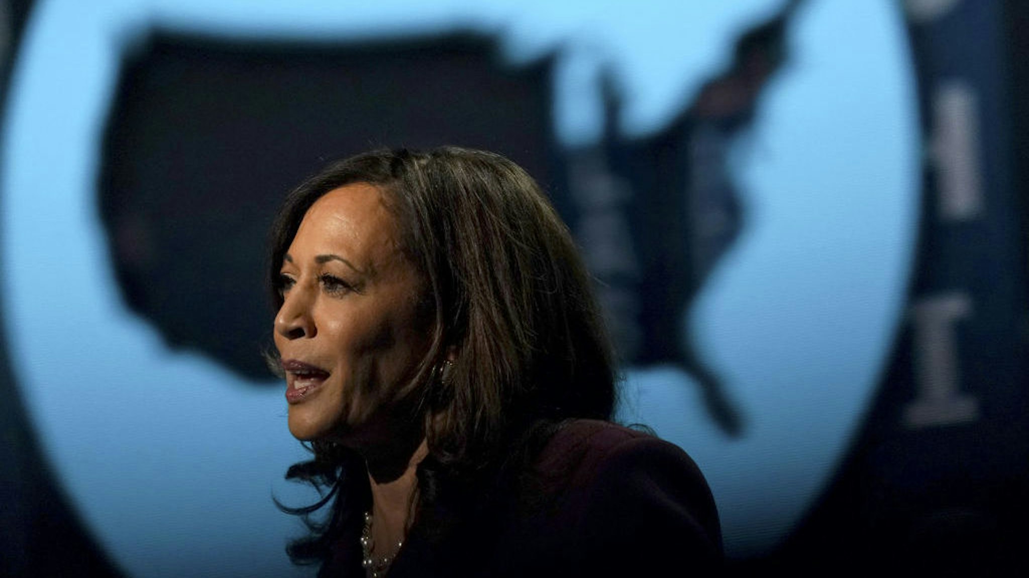 Senator Kamala Harris, Democratic vice presidential nominee, speaks during the Democratic National Convention at the Chase Center in Wilmington, Delaware, U.S., on Wednesday, Aug. 19, 2020. Harris's prime-time speech is the first glimpse of how Joe Biden's campaign plans to deploy a history-making vice presidential nominee for a campaign that has largely been grounded by the coronavirus. Photographer: Stefani Reynolds/Bloomberg