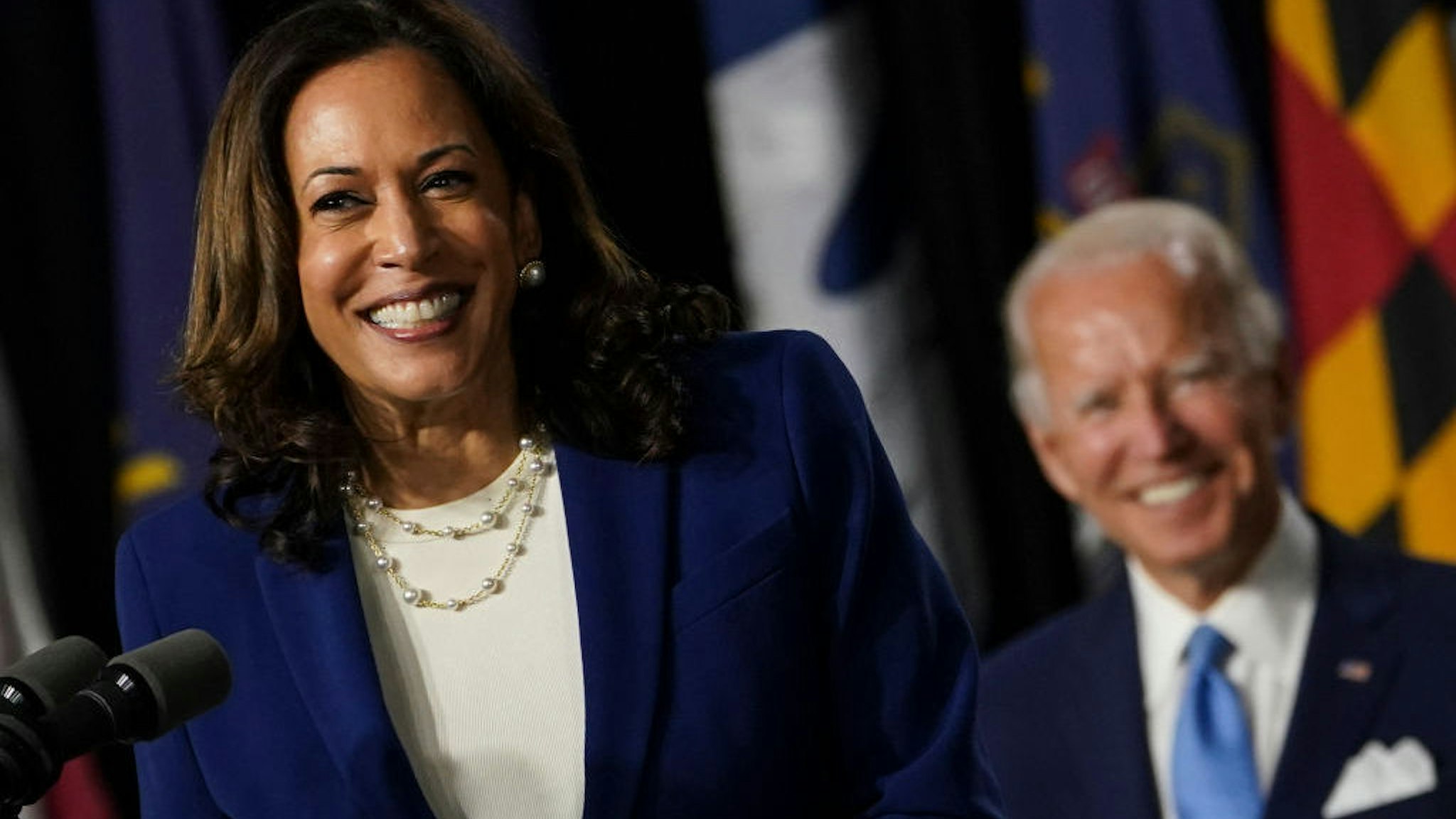Sen. Kamala D. Harris (D-Calif.) smiles after being introduced by presumptive Democratic presidential nominee Joe Biden as his running mate during an event at Alexis I. DuPont High School in Wilmington, Del., on Wednesday, Aug. 12, 2020. The former vice presidents historic selection makes Harris the first Black woman and first Asian American to run for vice president on a major-party ticket. (Photo by Toni L. Sandys/The Washington Post via Getty Images)