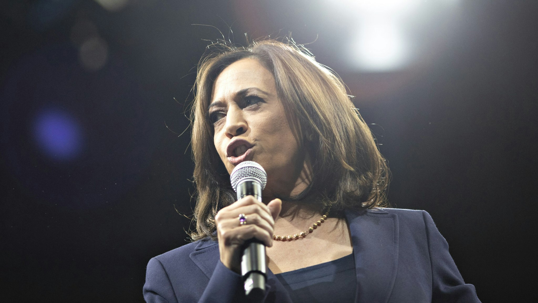 Senator Kamala Harris, a Democrat from California and 2020 presidential candidate, speaks during the Iowa Democratic Party Liberty &amp; Justice Dinner in Des Moines, Iowa, U.S., on Friday, Nov. 1, 2019. A New York Times/Siena College poll of Iowa Democrats released Friday showed the top four candidates Warren, Sanders, Buttigieg and Biden all bunched up in a five-point spread at the top of the field, within the poll's margin of error.