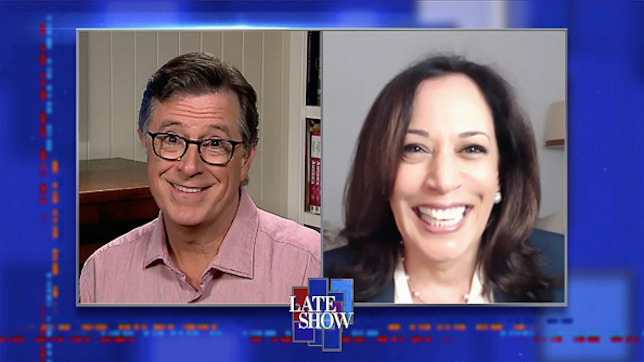 NEW YORK - JUNE 17: The Late Show with Stephen Colbert and Senator Kamala Harris during Tuesday June 16, 2020 show. Image is a screen grab.