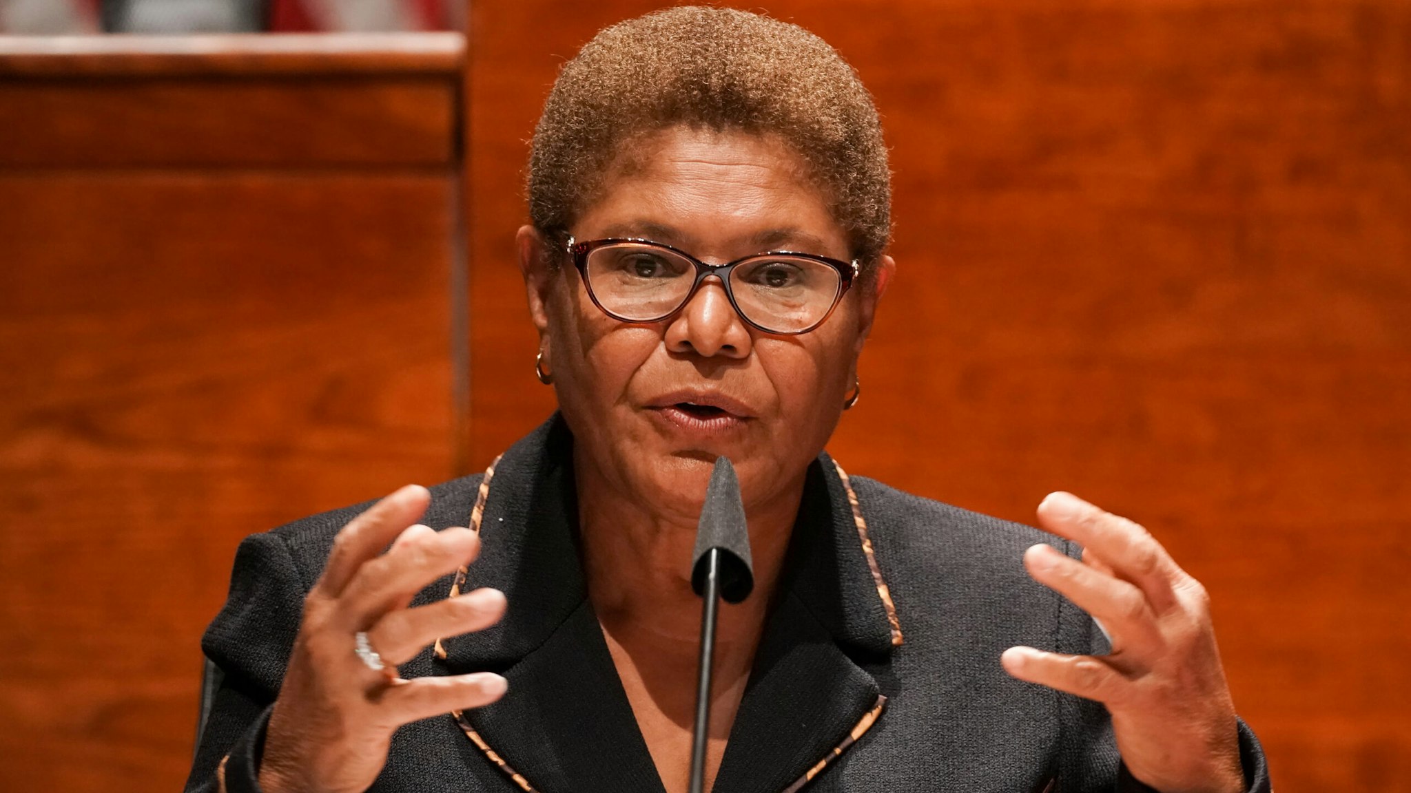 Representative Karen Bass, a Democrat from California, speaks during a House Judiciary Committee markup on H.R. 7120, the "Justice in Policing Act of 2020," in Washington, D.C., U.S., on Wednesday, June 17, 2020. The House bill would make it easier to prosecute and sue officers and would ban federal officers from using choke holds, bar racial profiling, end "no-knock" search warrants in drug cases, create a national registry for police violations, and require local police departments that get federal funds to conduct bias training.