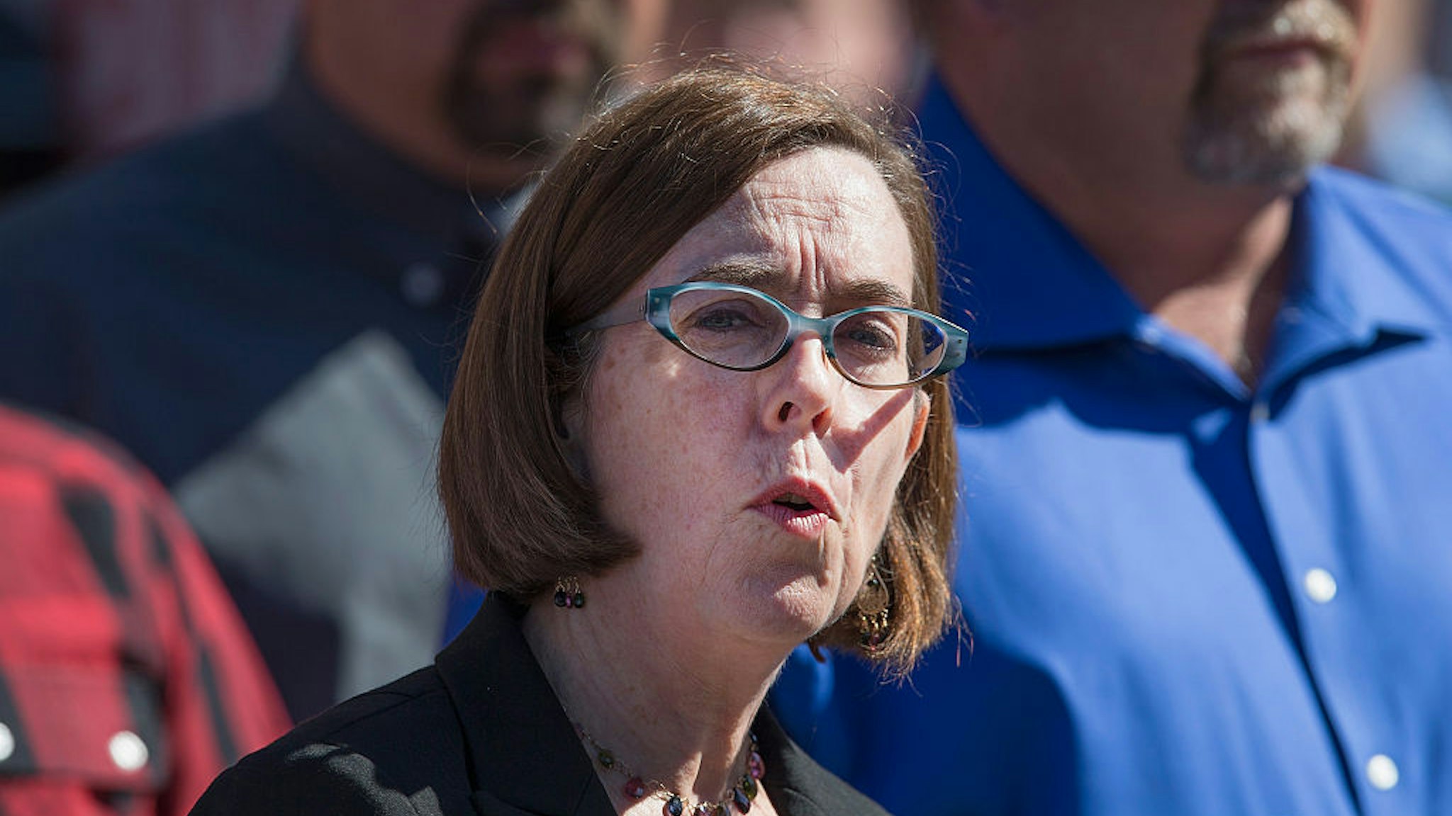 ROSEBURG, OR - OCTOBER 02: Oregon governor Kate Brown speaks to the press about the mass shooting at Umpqua Community College on October 2, 2015 in Roseburg, Oregon. Yesterday 26-year-old Chris Harper Mercer went on a shooting rampage at the campus, killing 9 people and wounding another seven before he was killed. (Photo by Scott Olson/Getty Images)