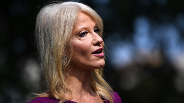 Kellyanne Conway, senior advisor to U.S. President Donald Trump, speaks to members of the media outside the White House in Washington, D.C., U.S., on Thursday, Aug. 6, 2020. Trump plans to sign an executive order Thursday that would encourage the production of certain drugs and medical supplies in the U.S., following shortages during the Covid-19 pandemic.