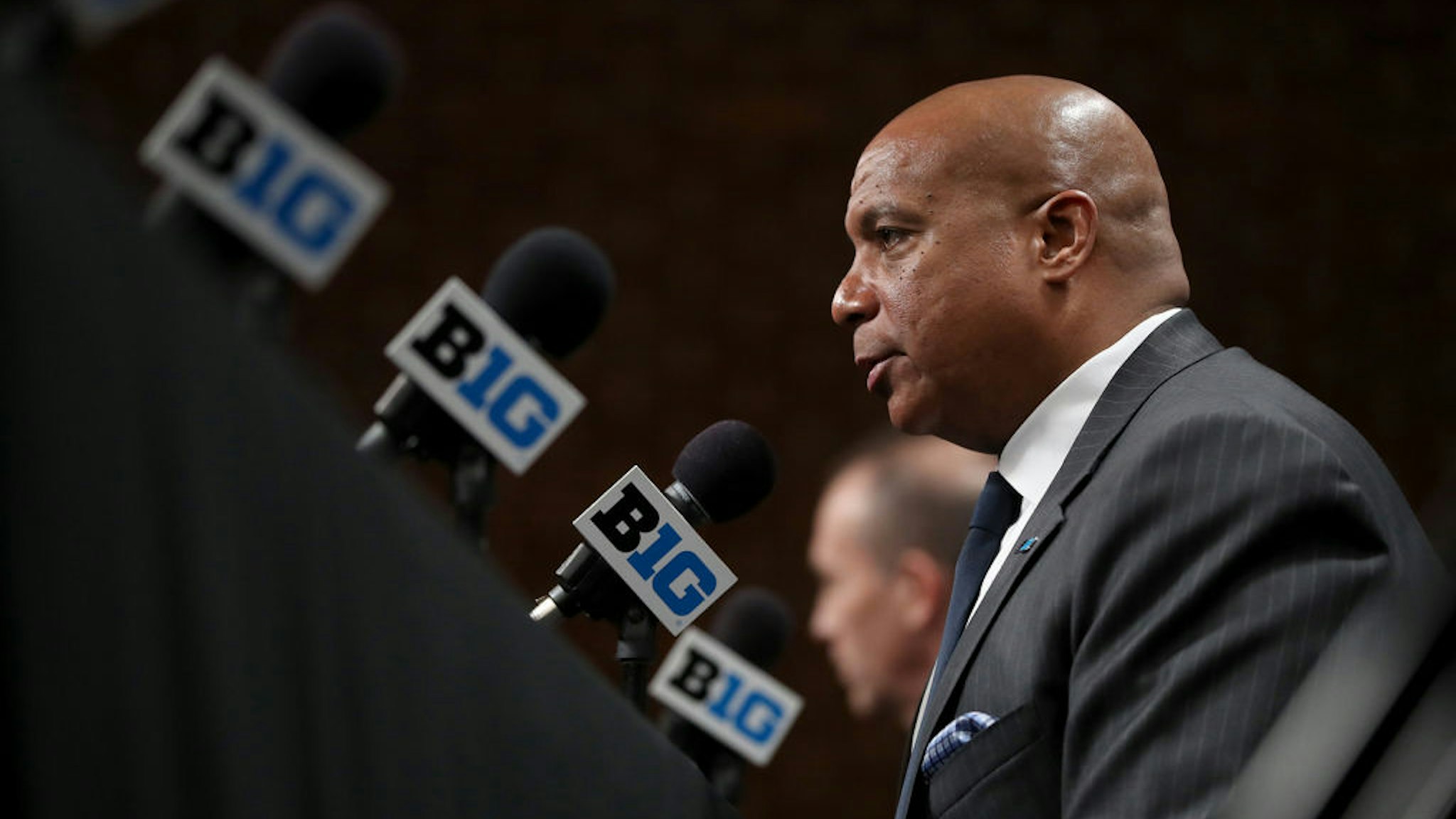 Big Ten commissioner Kevin Warren speaks about the cancellation of the men's Big 10 basketball tournament at Bankers Life Fieldhouse in Indianapolis on March 12, 2020. (Chris Sweda/Chicago Tribune/Tribune News Service via Getty Images)