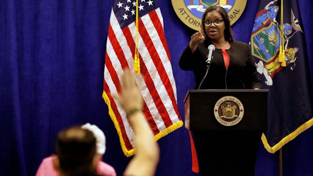 Letitia James, New York's attorney general, speaks during a news conference in New York, U.S., Thursday, Aug. 6, 2020. New York is seeking to dissolve the National Rifle Association as the state attorney general accused the gun rights group and its current and former senior officials of engaging in a massive fraud against donors. Photographer: Peter Foley/Bloomberg