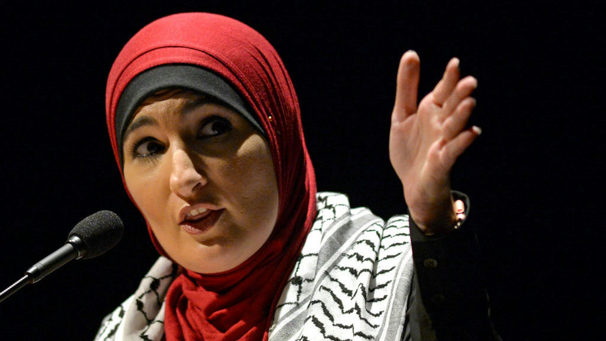 AMHERST, MA - MAY 4: Political activist Linda Sarsour speaks during a panel on free speech and the Israeli-Palestinian conflict at the University of Massachusetts campus in Amherst, Massachusetts on May 4, 2019. (Staff Photo By Christopher Evans/MediaNews Group/Boston Herald via Getty Images)