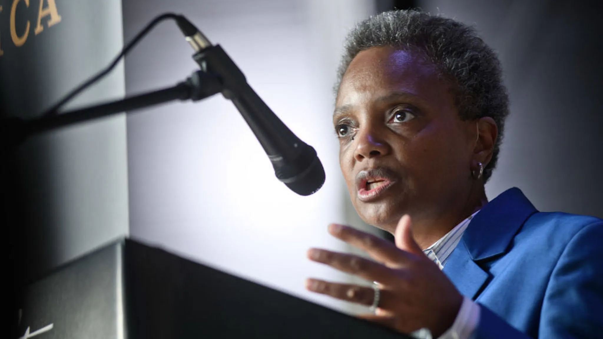 Lori Lightfoot CHICAGO, IL - APRIL 26: Chicago Mayor-Elect Lori Lightfoot attends the Hamilton: The Exhibition world premiere at Northerly Island on April 26, 2019 in Chicago, Illinois. (Photo by Timothy Hiatt/Getty Images)