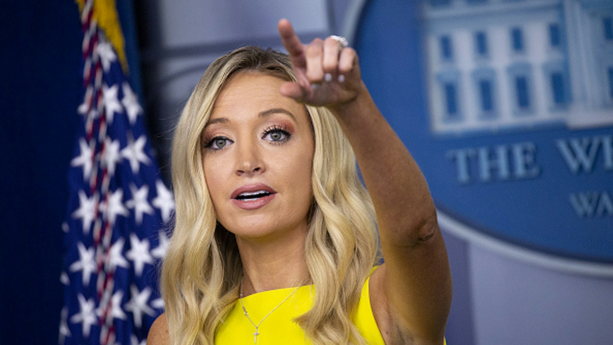 Kayleigh McEnany, White House press secretary, speaks during a news conference in the James S. Brady Press Briefing Room at the White House in Washington, D.C., U.S., on Monday, Aug. 10, 2020. President Donald Trump urged a judge to block a New York grand jury from reviewing his tax filings and disputed a suggestion by the Manhattan District Attorney that the panel may be looking into bank and insurance fraud by the Trump Organization.