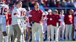 Nick Saban FAYETTEVILLE, AR - NOVEMBER 9: Head Coach Nick Saban of the Alabama Crimson Tide yells at his players during the second half of a game against the Mississippi State Bulldogs at Davis Wade Stadium on November 16, 2019 in Starkville, Mississippi. The Crimson Tide defeated the Bulldogs 38-7. (Photo by Wesley Hitt/Getty Images)