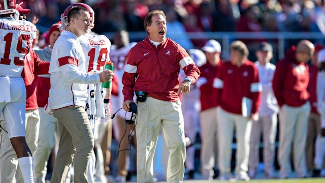 FAYETTEVILLE, AR - NOVEMBER 9: Head Coach Nick Saban of the Alabama Crimson Tide yells at his players during the second half of a game against the Mississippi State Bulldogs at Davis Wade Stadium on November 16, 2019 in Starkville, Mississippi. The Crimson Tide defeated the Bulldogs 38-7. (Photo by Wesley Hitt/Getty Images)