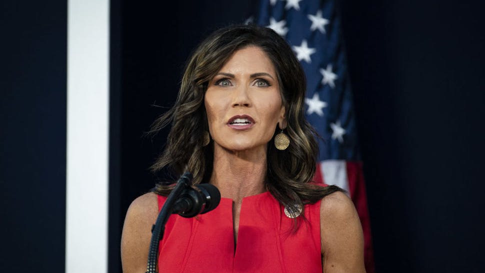 Kristi Noem, governor of South Dakota Governor, speaks during an event at Mount Rushmore National Memorial in Keystone, South Dakota, U.S., on Friday, July 3, 2020. The early Independence Day celebration, which will feature a speech by President Donald Trump, a military flyover and the first fireworks in more than a decade, is expected to include about 7,500 ticketed guests who won't be required to wear masks or socially distance despite a spike in U.S. coronavirus cases.