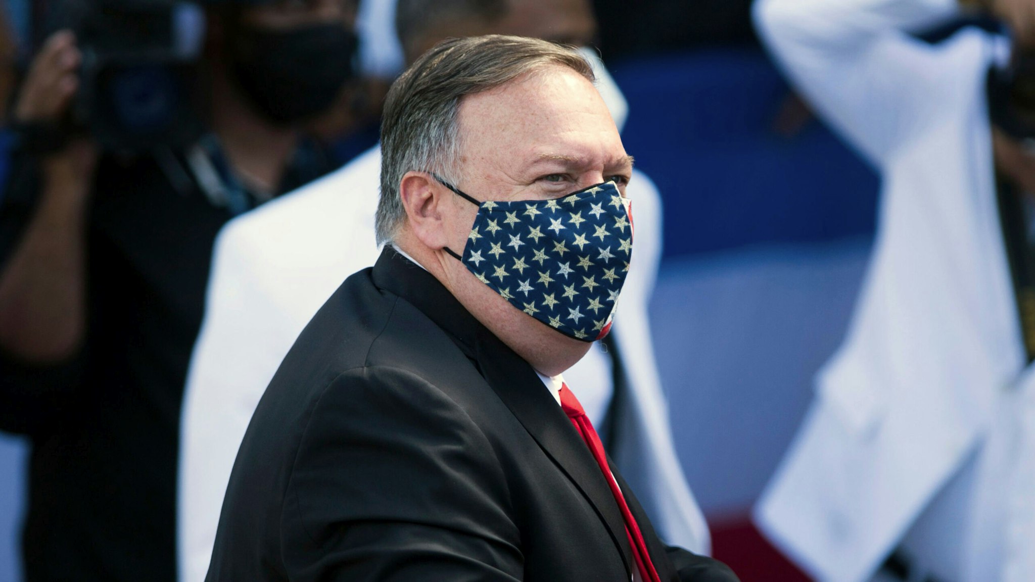 US Secretary of State Mike Pompeo walks upon arrival at the National Congress to attend the inauguration ceremony of Dominican new President Luis Abinader, in Santo Domingo, on August 16, 2020. - Luis Abinader, of the Modern Revolutionary Party,is a politician, economist and businessman who will be sworn for a four-year term as the sixty-seventh president of the Dominican Republic.
