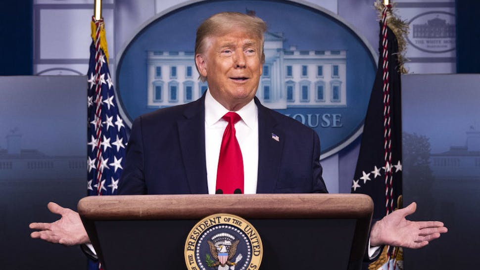 U.S. President Donald Trump speaks during a news conference in the James S. Brady Press Briefing Room at the White House in Washington, D.C., U.S., on Friday, Aug. 14, 2020. Trump announced a collaboration with McKesson Corp. to aid in vaccine distribution. Photographer: Kevin Dietsch/UPI/Bloomberg