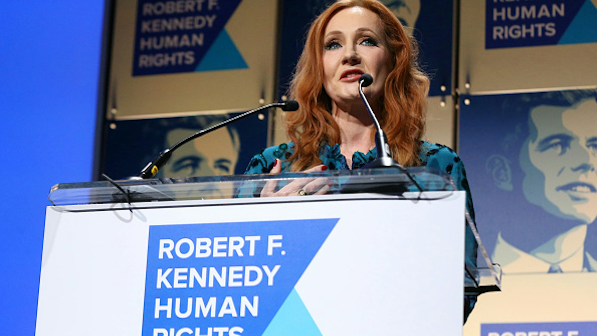 NEW YORK, NEW YORK - DECEMBER 12: J.K. Rowling accepts an award onstage during the Robert F. Kennedy Human Rights Hosts 2019 Ripple Of Hope Gala &amp; Auction In NYC on December 12, 2019 in New York City.