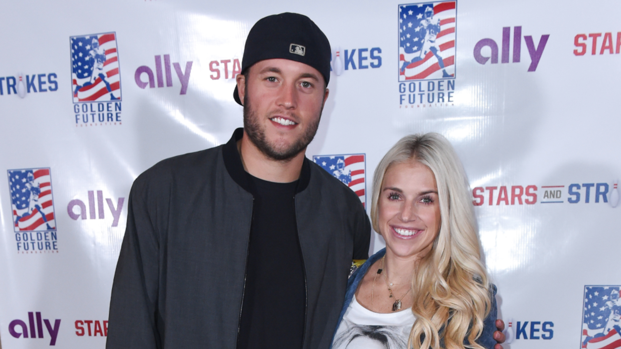 DETROIT, MI - SEPTEMBER 11: Matthew Stafford and Kelly Stafford arrive to Golden Tate's 3rd Annual Stars and Strikes Bowling Event on September 11, 2017 in Detroit, Michigan.