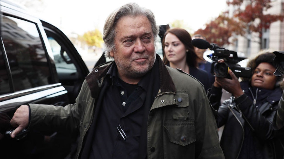 WASHINGTON, DC - NOVEMBER 08: Former White House senior counselor to President Donald Trump Steve Bannon leaves the E. Barrett Prettyman United States Courthouse after he testified at the Roger Stone trial November 8, 2019 in Washington, DC. Stone has been charged with lying to Congress and witness tampering. (Photo by Alex Wong/Getty Images)