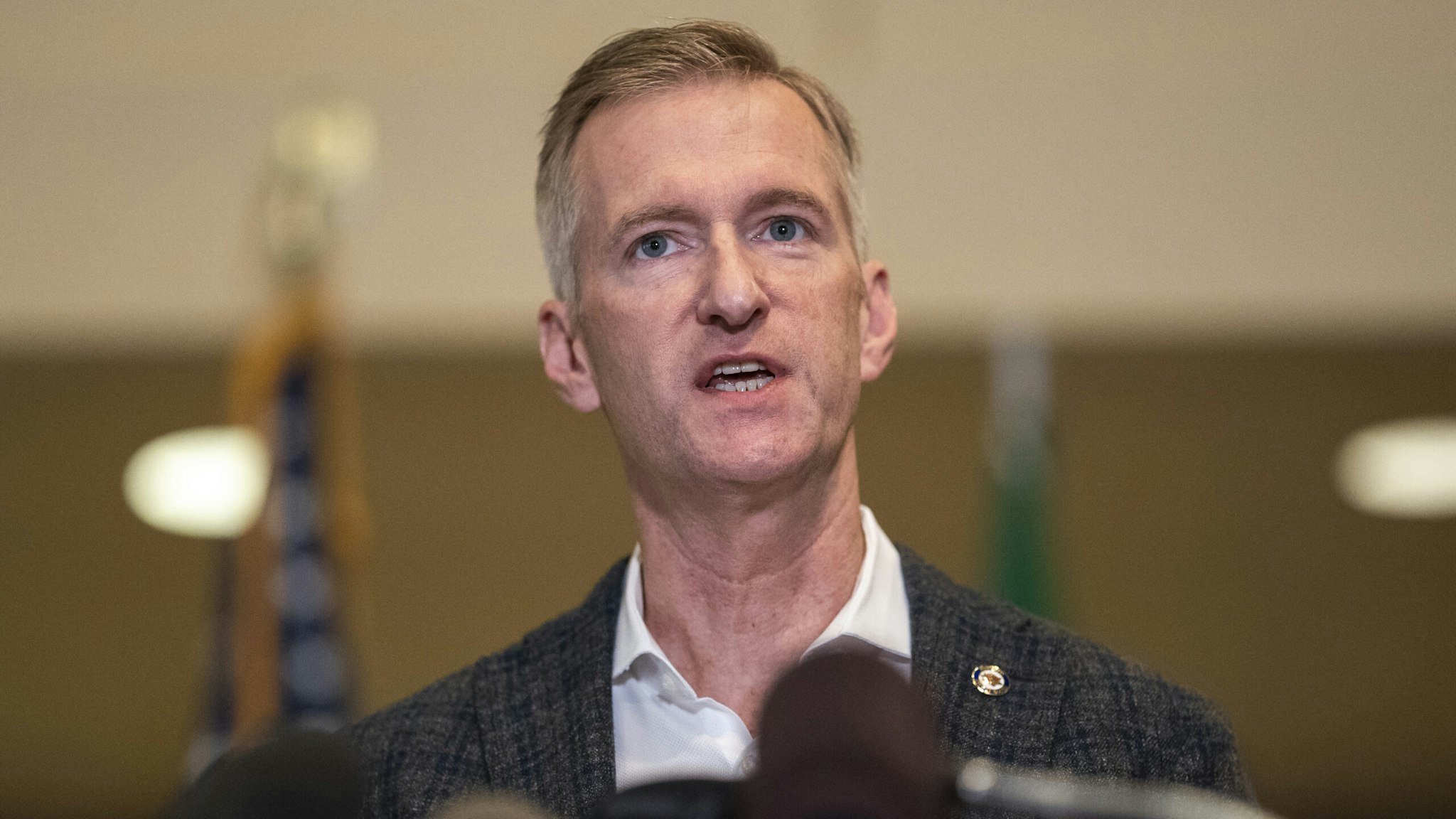 PORTLAND, OR - AUGUST 30: Portland Mayor Ted Wheeler speaks to the media at City Hall on August 30, 2020 in Portland, Oregon. A man was fatally shot Saturday night as a Pro-Trump rally clashed with Black Lives Matter protesters in downtown Portland.