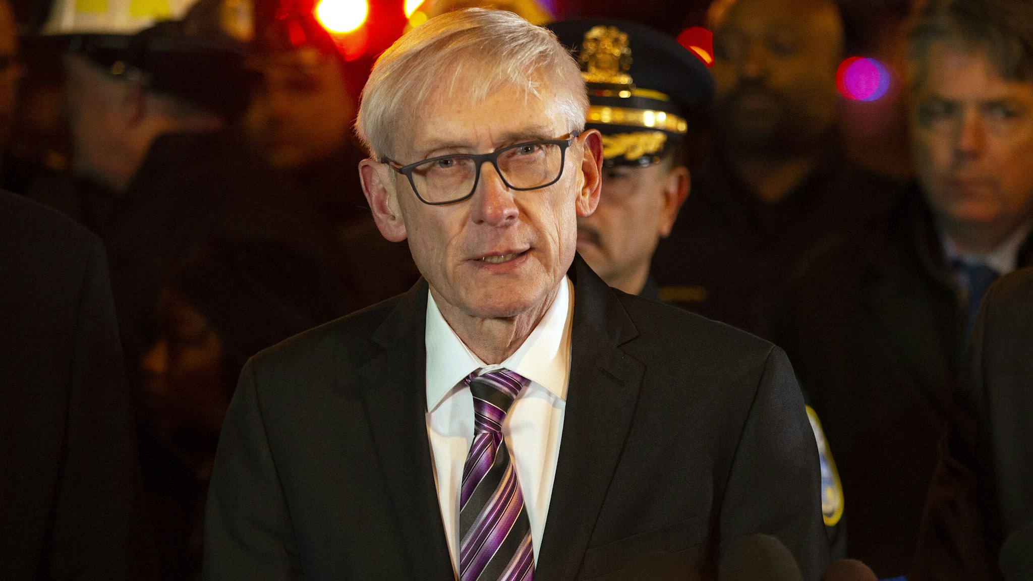 MILWAUKEE, WISCONSIN - FEBRUARY 26: Wisconsin Governor Tony Evers speaks to the media following a shooting at the Molson Coors Brewing Co. campus on February 26, 2020 in Milwaukee, Wisconsin. Six people, including the gunman, were reportedly killed when an ex-employee opened fire at the MillerCoors building on Wednesday.