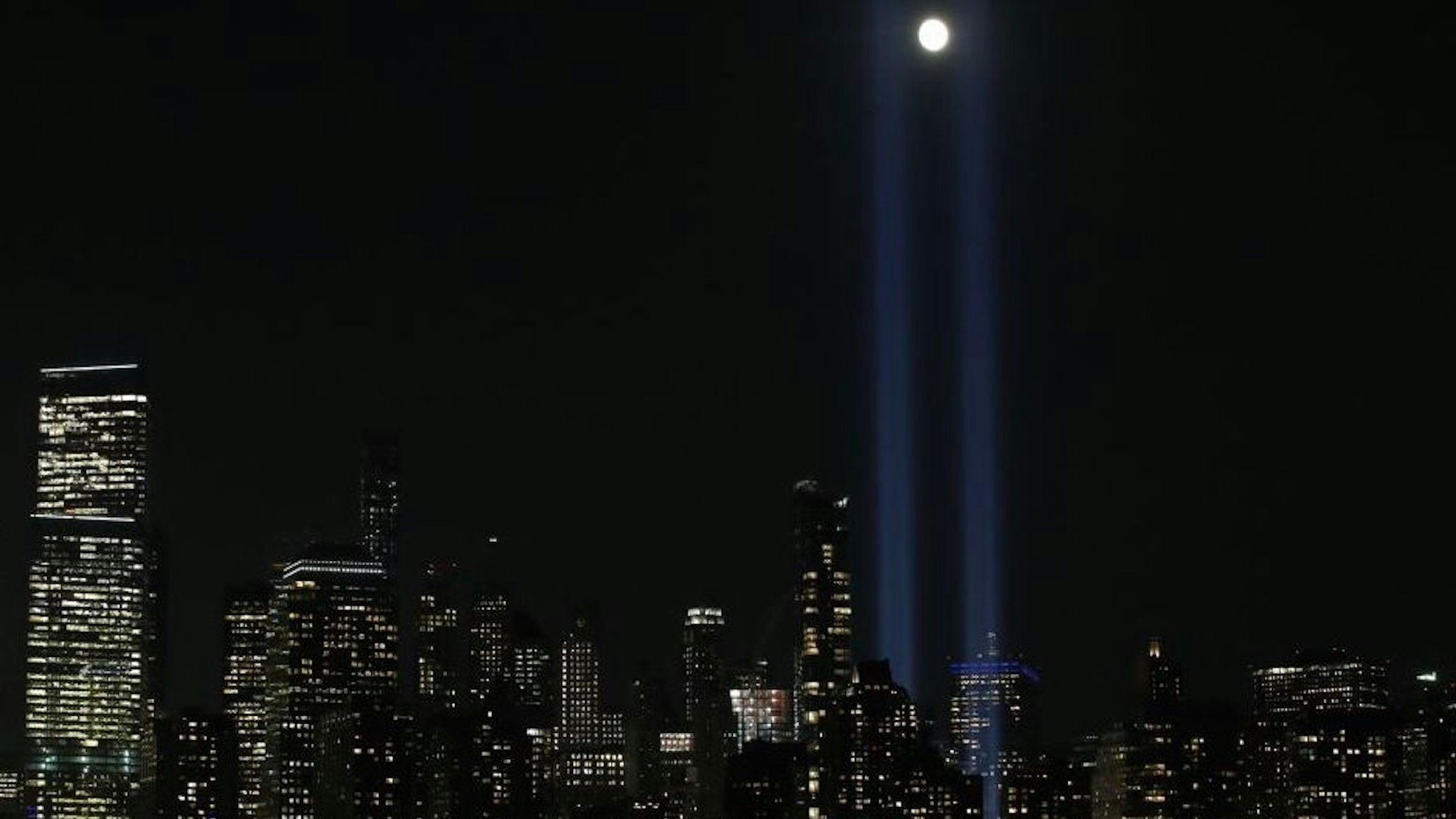 NEW YORK, NY - SEPTEMBER 11: The 'Tribute in Light' rises skyward on the 18th anniversary of the 9/11 terrorist attacks, September 11, 2019 in New York City.