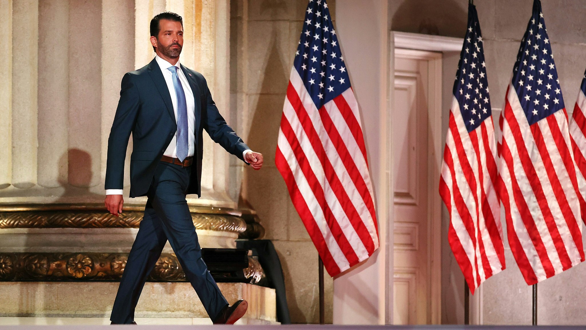 WASHINGTON, DC - AUGUST 24: Donald Trump Jr. steps out on stage before pre-recording his address to the Republican National Convention at the Mellon Auditorium on August 24, 2020 in Washington, DC. The novel coronavirus pandemic has forced the Republican Party to move away from an in-person convention to a televised format, similar to the Democratic Party's convention a week earlier.