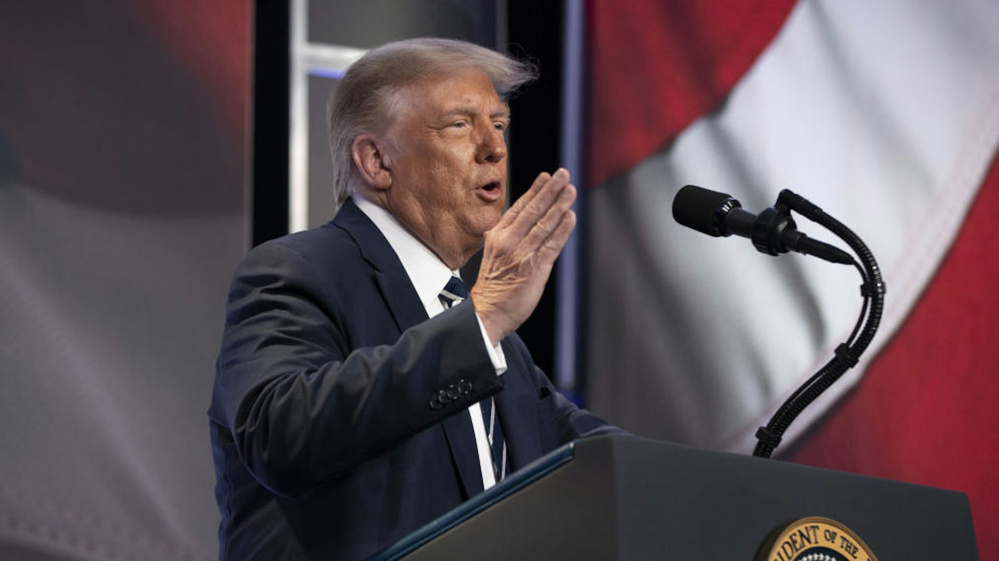 U.S. President Donald Trump speaks at the 2020 Council for National Policy Meeting in Arlington, Virginia, U.S., on Friday, Aug. 21, 2020. Trump said that he isn't trying to steal the election and that the results may not be known for weeks.