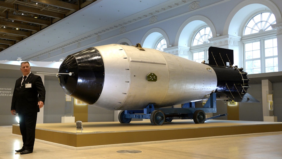 A mockup of a Soviet AN-602 hydrogen bomb (Tsar Bomb) is displayed at the exhibition devoted to the 70th anniversary of Russias nuclear industry in Moscow on September 1, 2015. The most powerful nuclear weapon ever detonated was first tested on October 30, 1961, having 50 megatons of TNT equivalent.