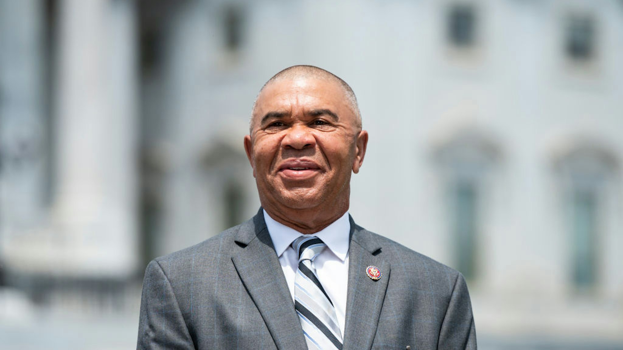 UNITED STATES - JUNE 25: Rep. William Lacy Clay, D-Mo., does a television news interview outside the Capitol before the vote on the George Floyd Justice in Policing Act of 2020 on Thursday, June 25, 2020.