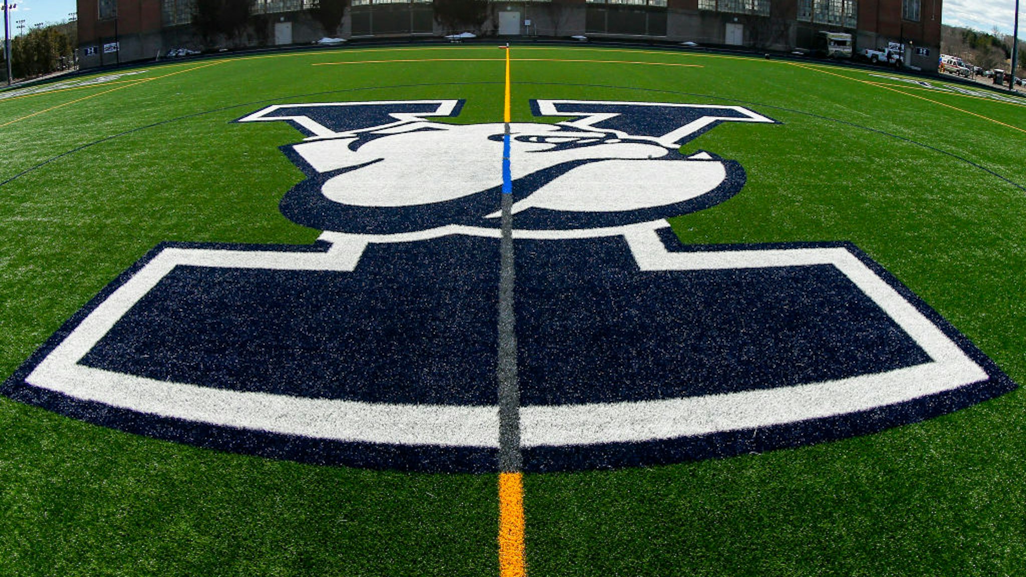 NEW HAVEN, CT - MARCH 16: General view of the Yale Bulldogs logo on the field at Reese Stadium prior to the game against the Cornell Big Red on March 16, 2019 in New Haven, Connecticut. Yale defeated Cornell 16-11. (Photo by Rich Barnes/Getty Images)